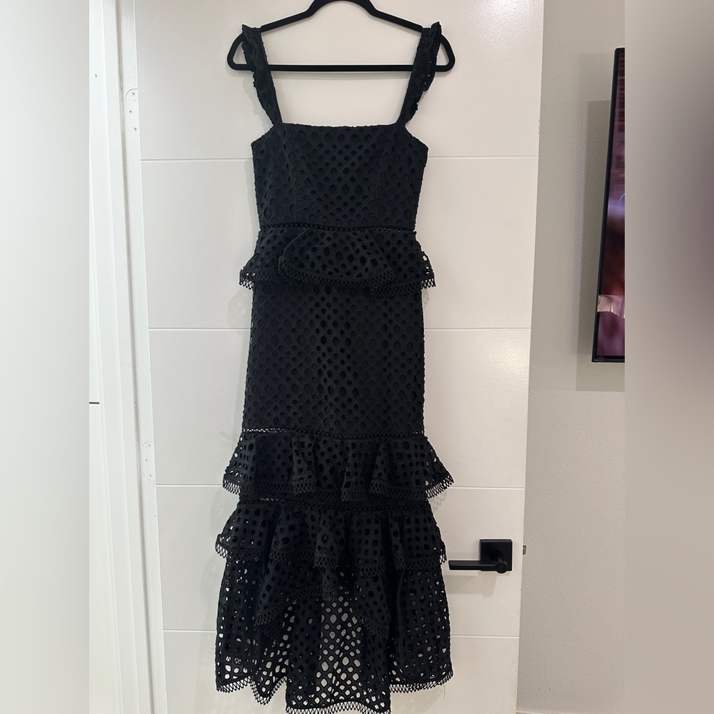 NBD Revolve Black Lace Tiered Midi Dress with Ruffle Straps Wedding Formal XS - Picture 9 of 12
